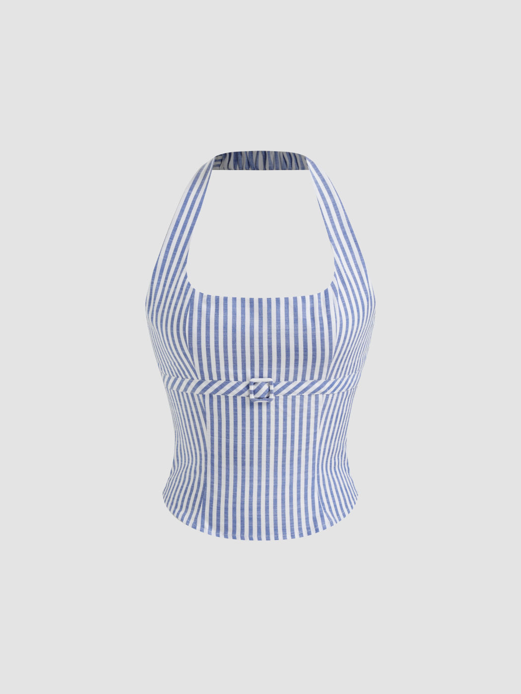 Cotton-blend Halter Neckline Stripe Shirred Curve Hem Top