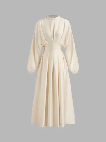 Stand Collar Pleated Cinched Waist Long Sleeve Maxi Dress