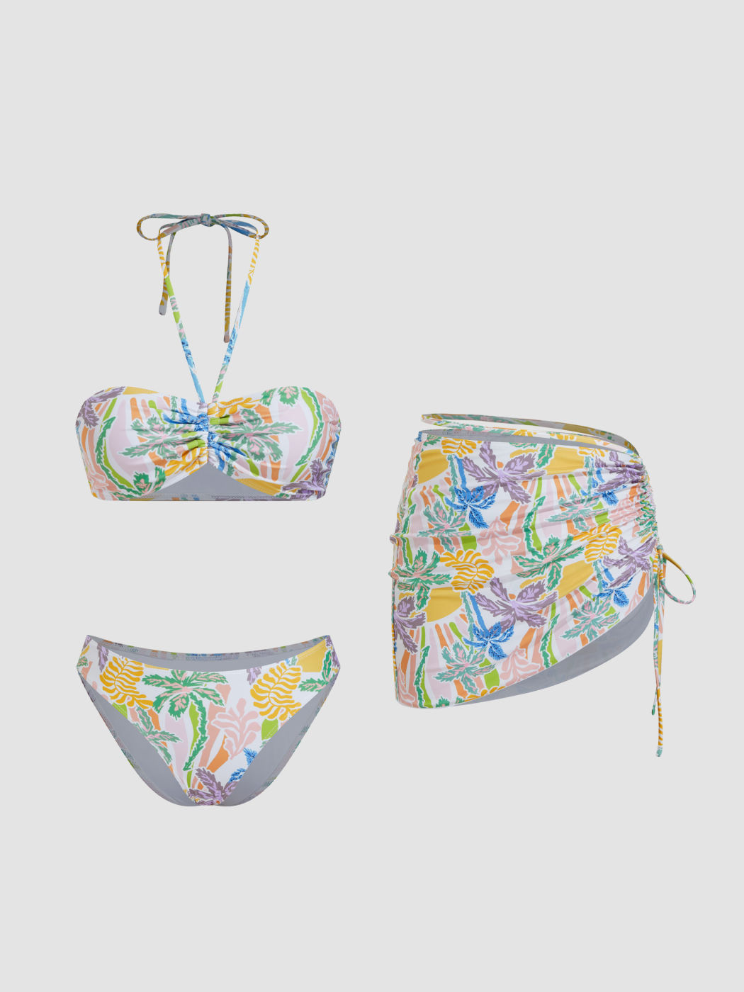 Halter Neckline Leaf Bandeau Cheeky Bikini Set With Drawstring Cover Up Skirt