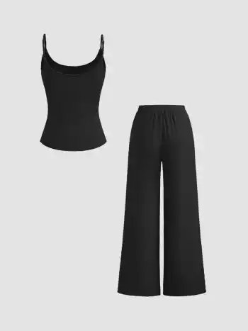 Loungewear-Set mit B-Halter-Cami-Top mit U-Halsrand und Mittelbund-Breitbein-Hosen
