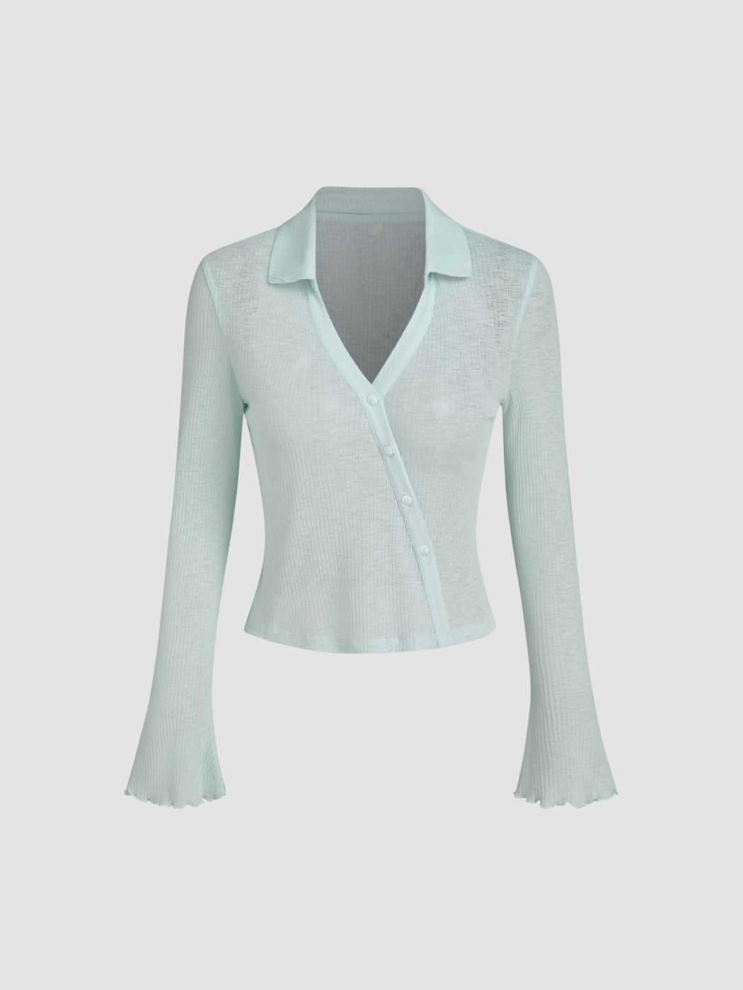 Collar Lettuce Trim See-through Bell Sleeve Top