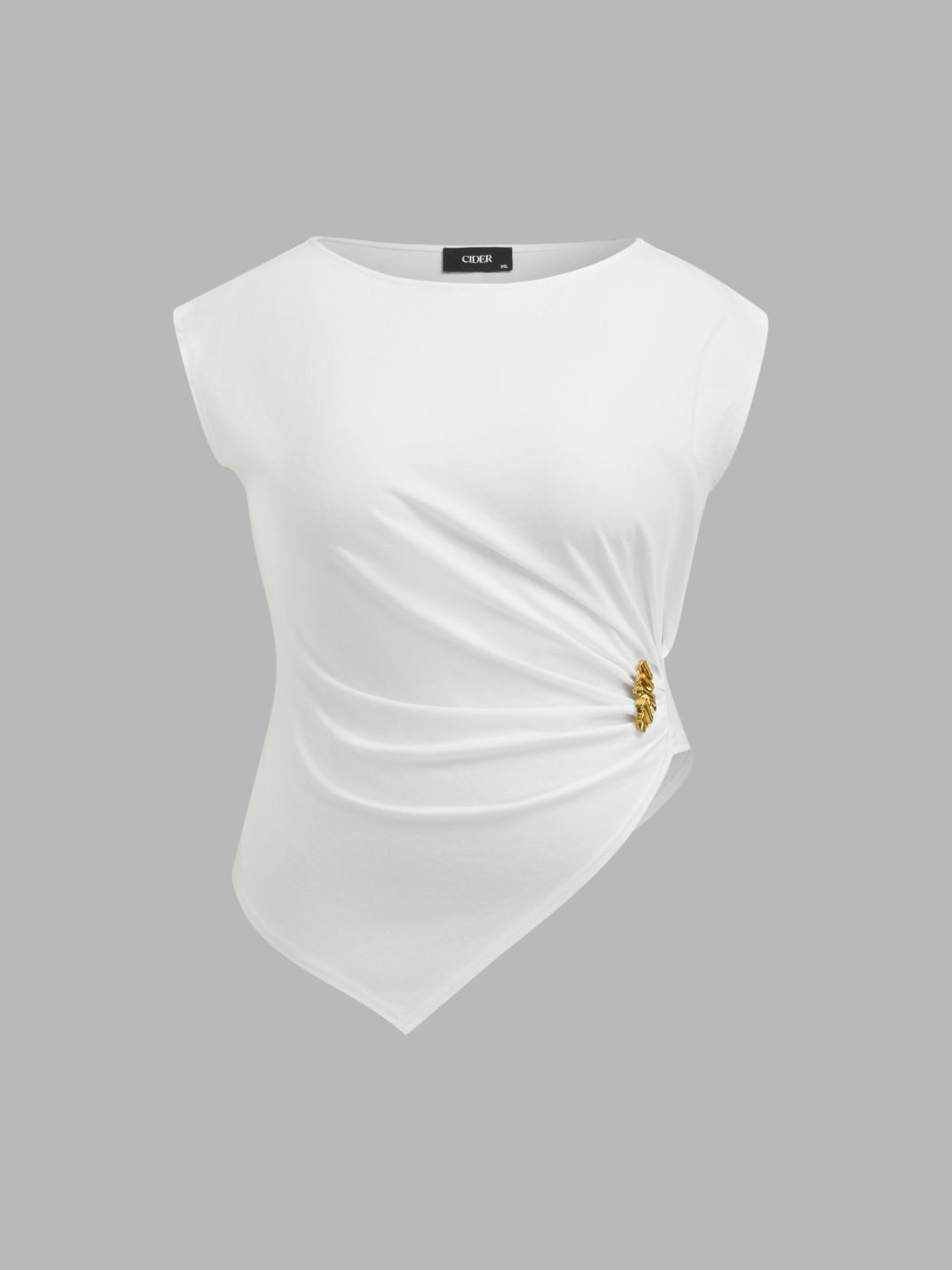 Cotton-blend Boat Neck Metal Detail Ruched Asymmetrical Hem Tee Curve & Plus