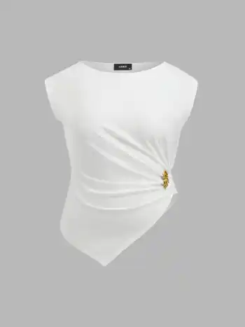 Baumwollmischung Bootshals Metall-Detail Rüschen Asymmetrischer Saum T-Shirt Kurve & Plus