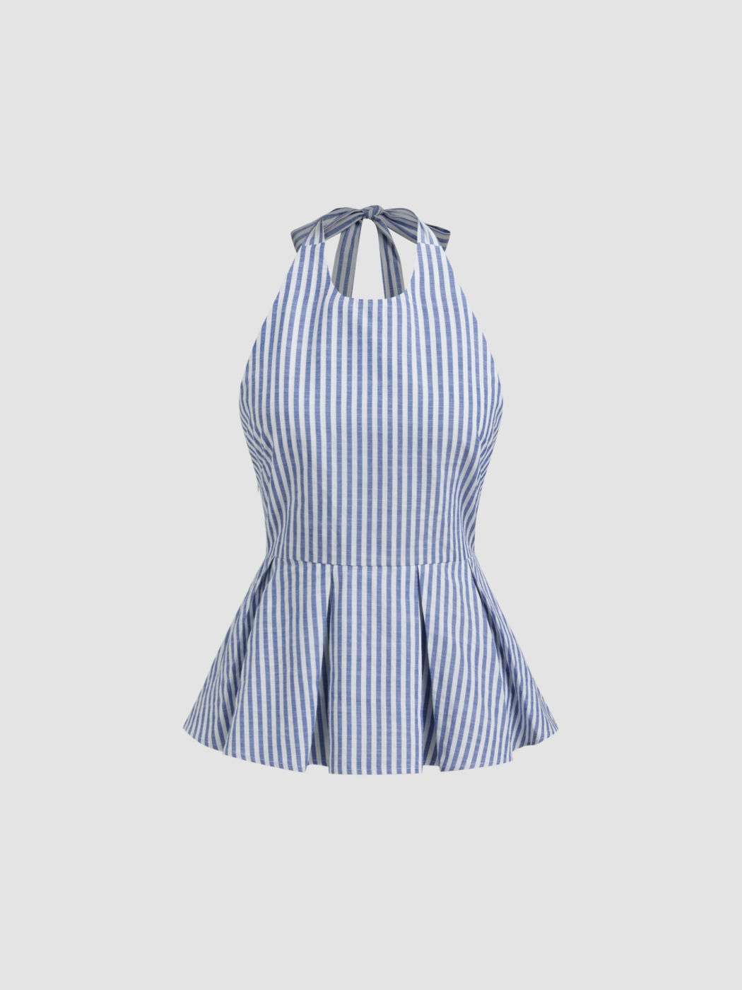 Cotton-blend Halter Neckline Stripe Knotted Backless Pleated Top