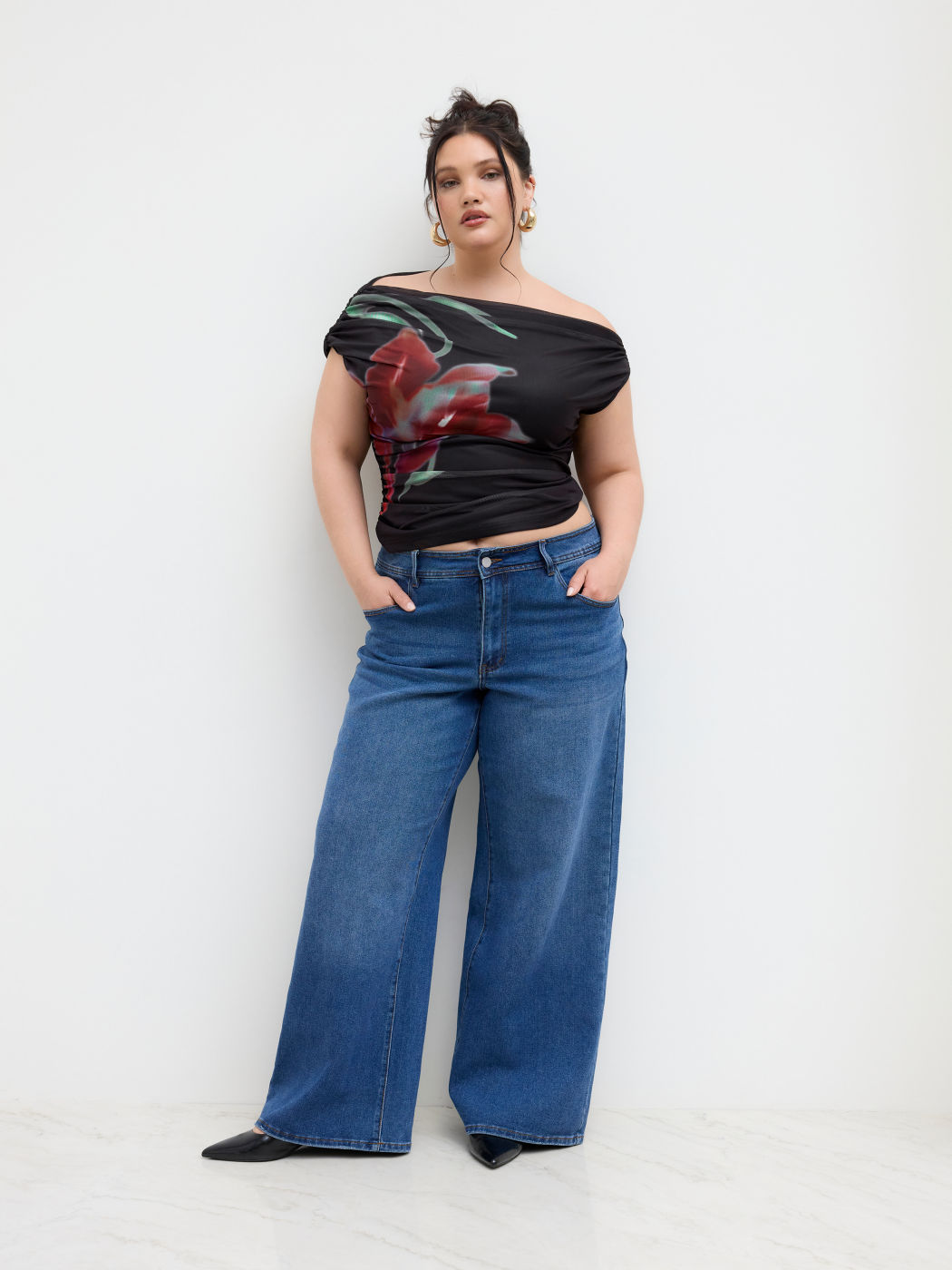 Mesh Asymmetrical Neck Floral Ruched Top