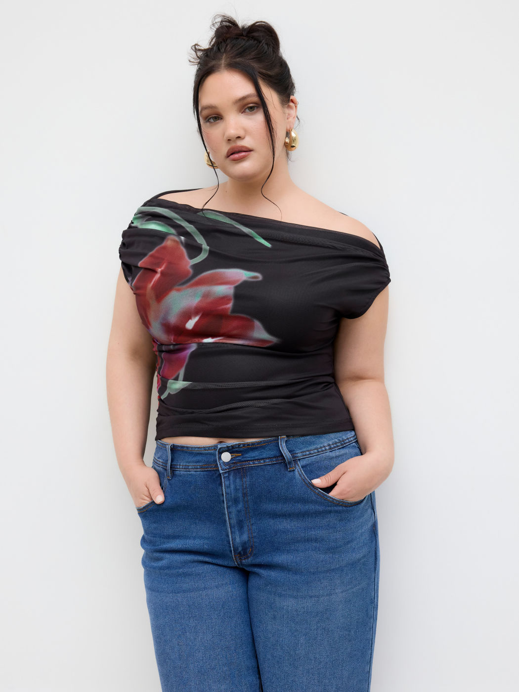 Mesh Asymmetrical Neck Floral Ruched Top