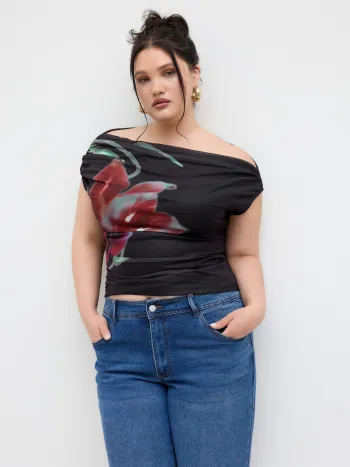 Mesh Asymmetrical Neck Floral Ruched Top
