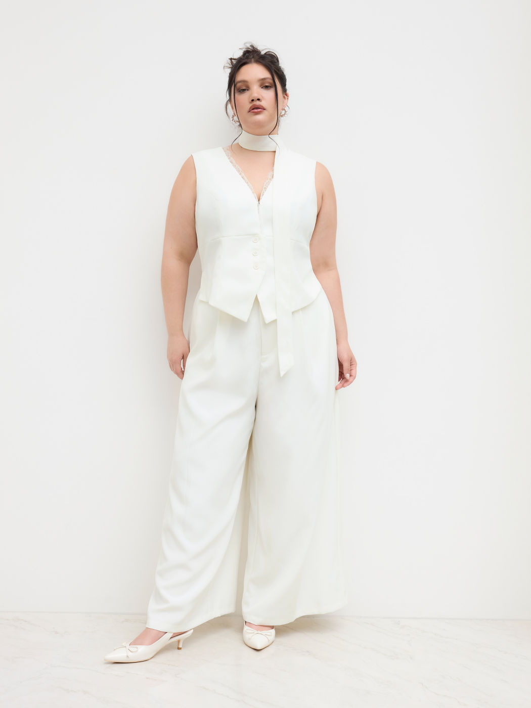 V-neck Lace Trim Wide Leg Jumpsuit With Scarf Curve & Plus