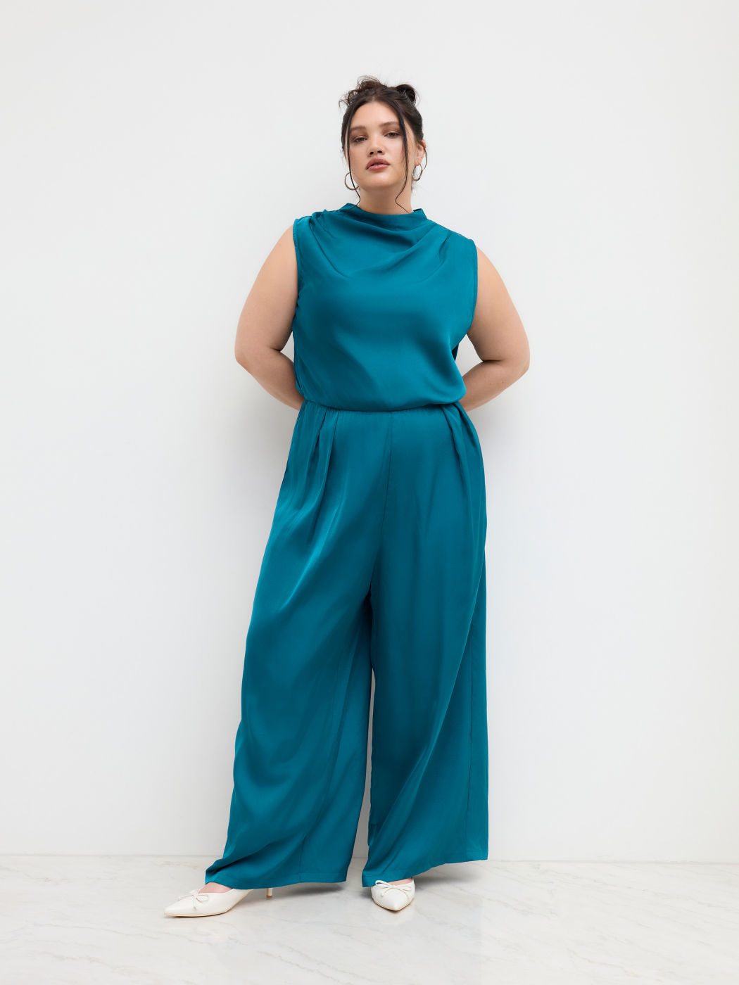 Satin High Neck Zipper Pleated Wide Leg Jumpsuit Curve & Plus