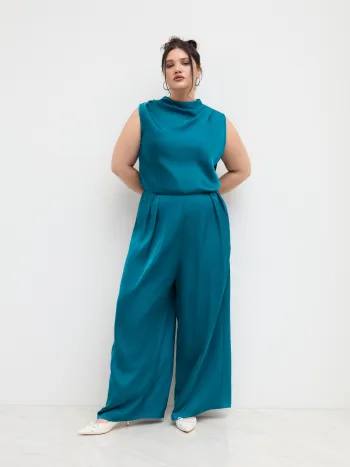 Satin High Neck Reißverschluss-Pleated Wide Leg Overalls Kurve & Plus