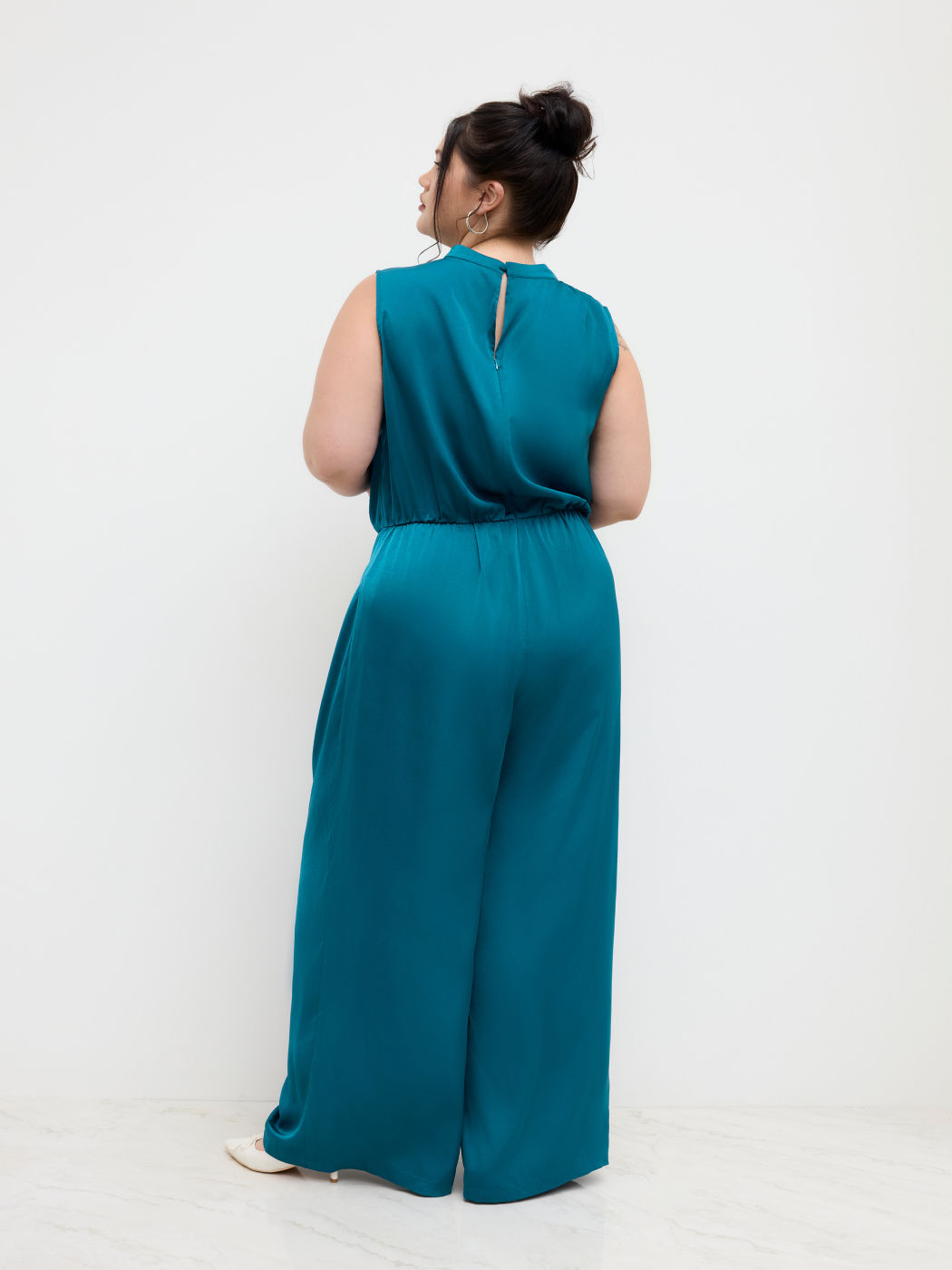 Satin High Neck Zipper Pleated Wide Leg Jumpsuit Curve & Plus