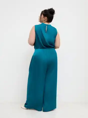 Satin High Neck Reißverschluss-Pleated Wide Leg Overalls Kurve & Plus