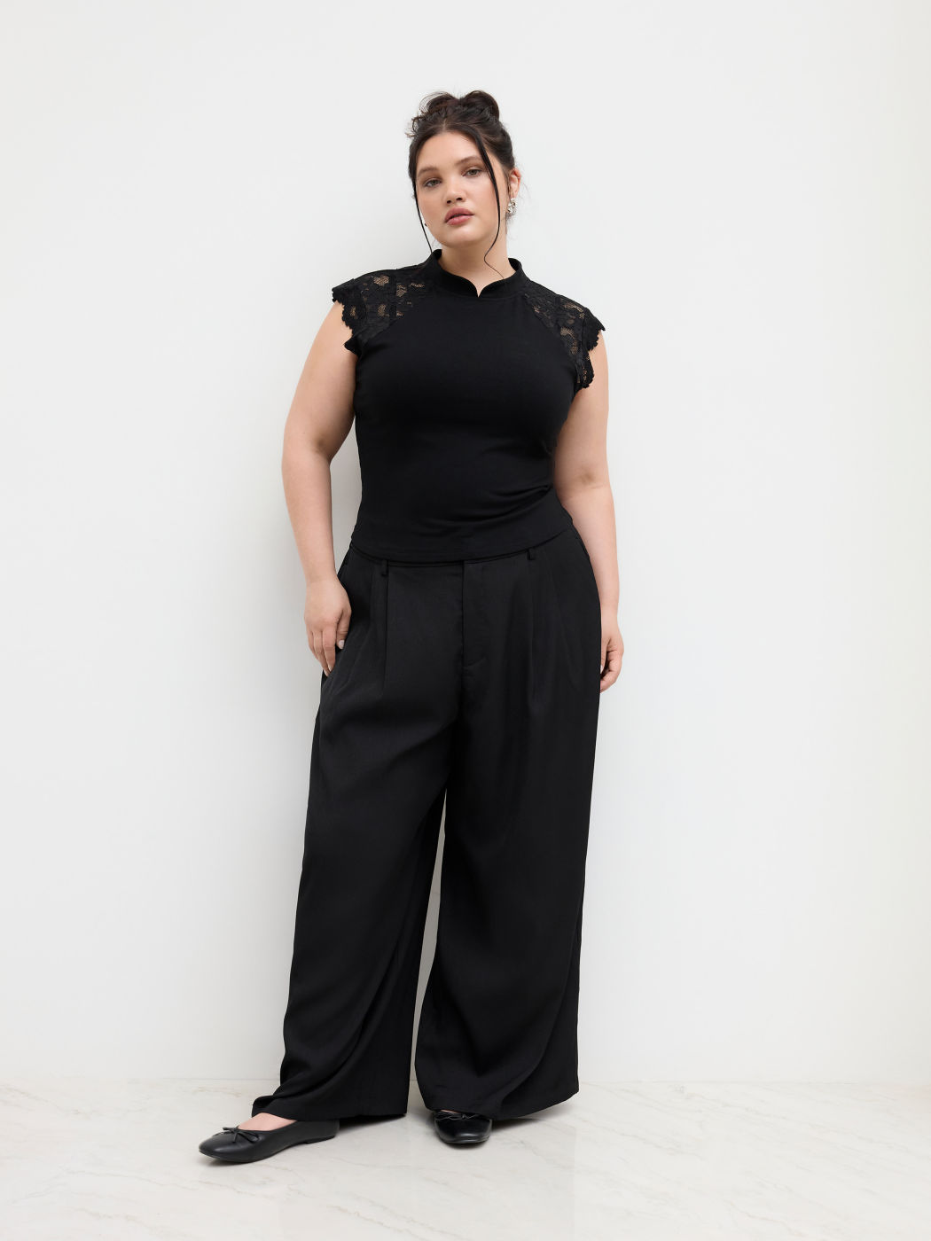 High Neck Floral Lace Patched Top Curve & Plus