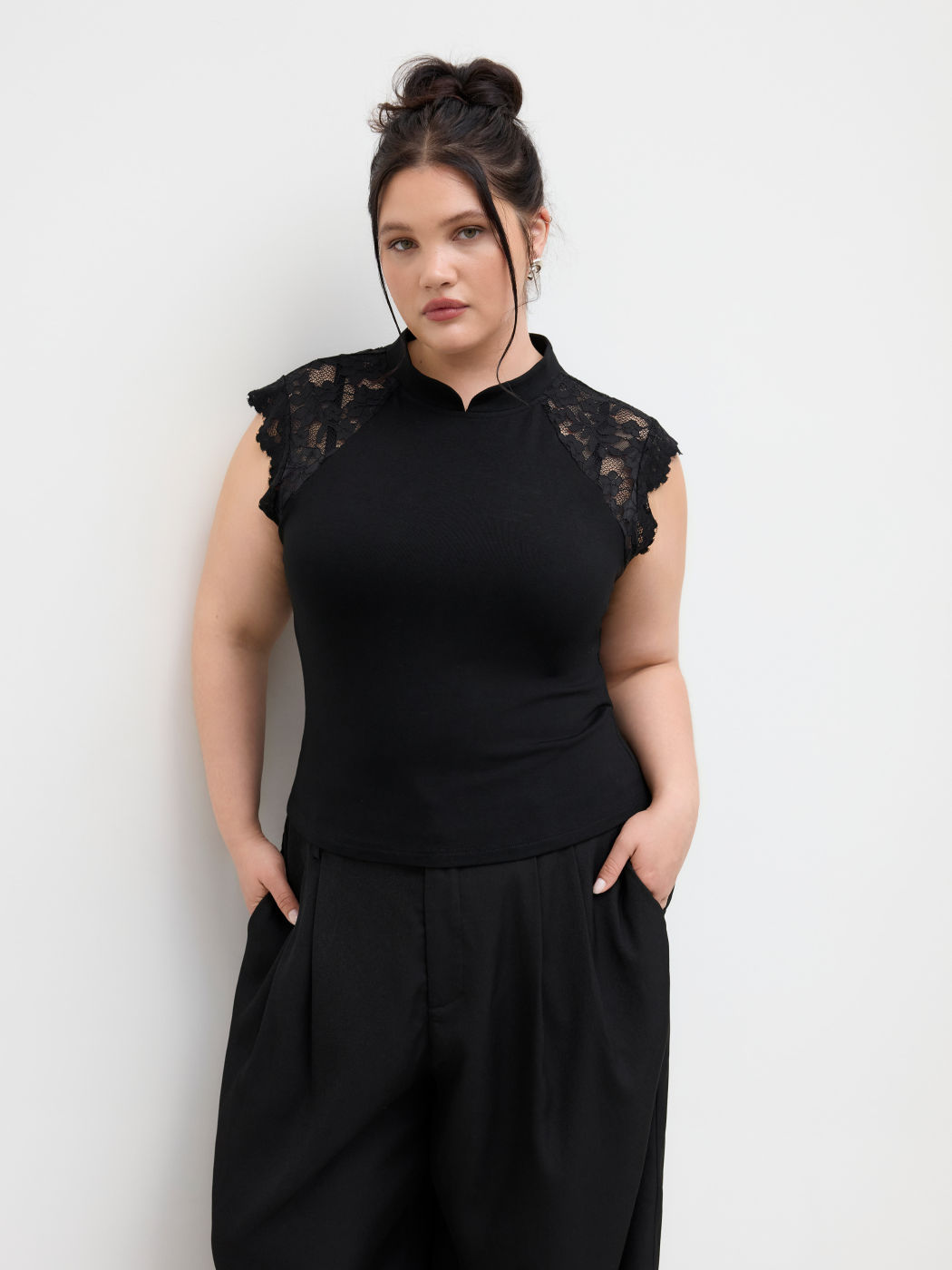 High Neck Floral Lace Patched Top Curve & Plus