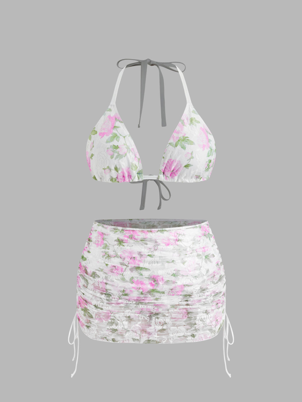 V-neck Floral Knotted Halter Full Coverage Bikini Set With Drawstring Cover Up Skirt Curve & Plus