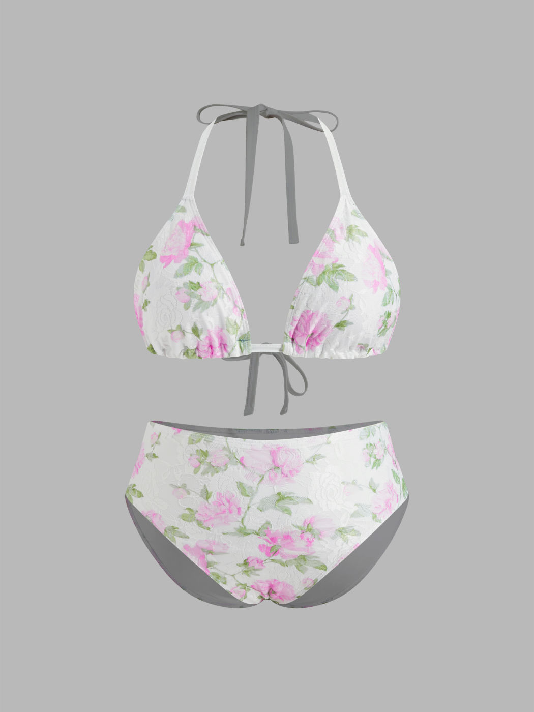 V-neck Floral Knotted Halter Full Coverage Bikini Set With Drawstring Cover Up Skirt Curve & Plus