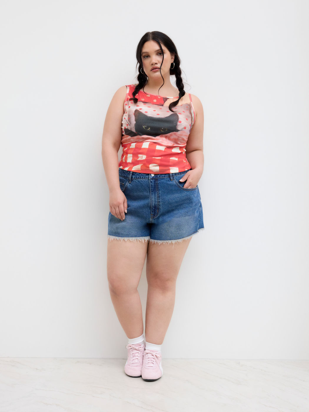 Cotton-blend Cat Graphic Gingham Ruched Tank Top Curve & Plus