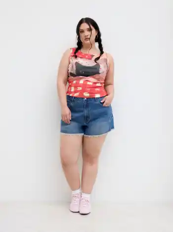 Cotton-blend Cat Graphic Gingham Ruched Tank Top Curve & Plus