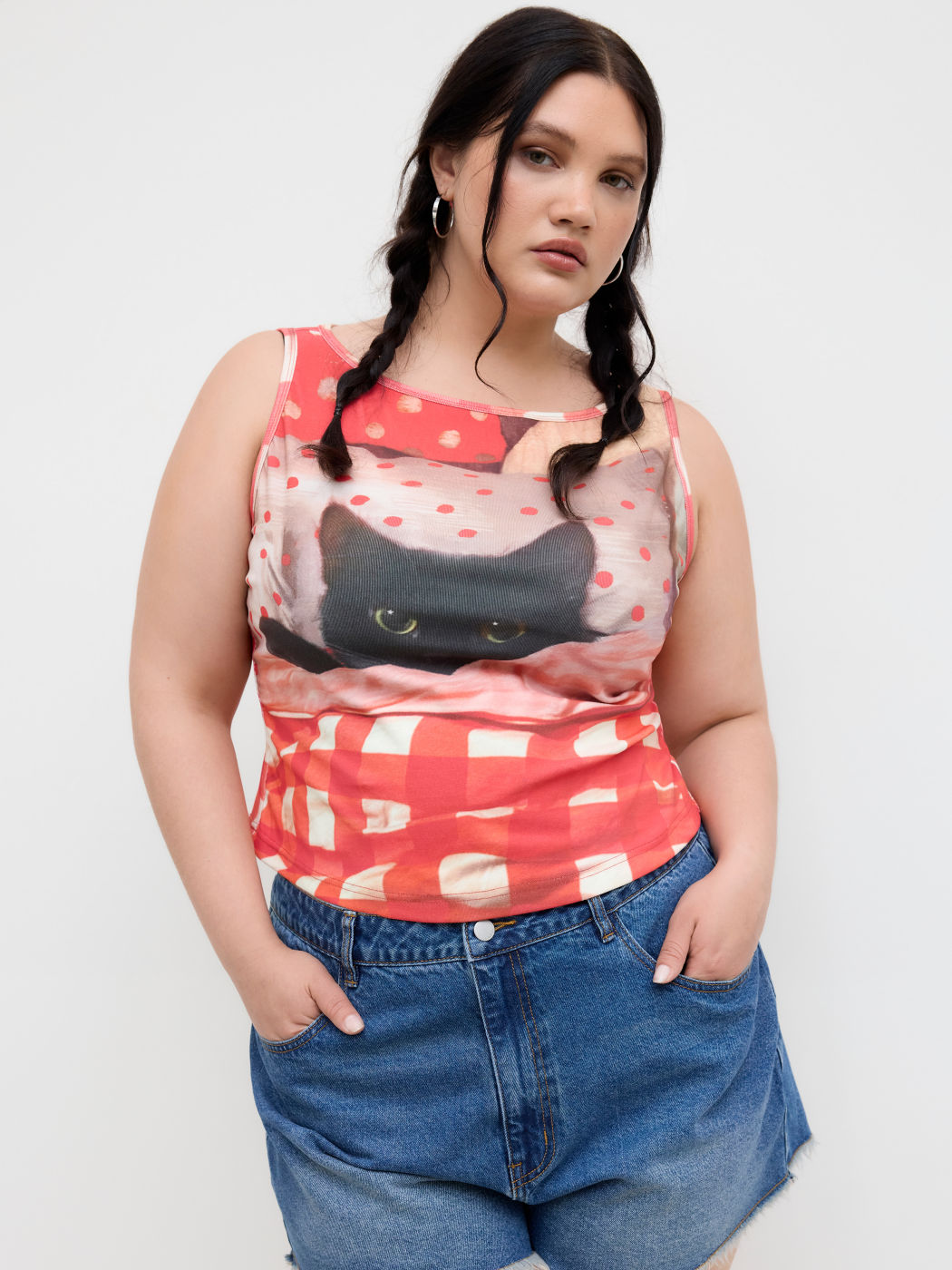 Cotton-blend Cat Graphic Gingham Ruched Tank Top Curve & Plus