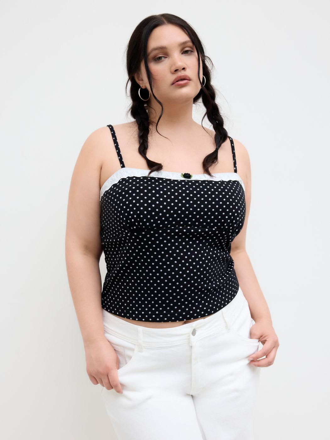 Cotton-blend Polka Dot Broderie Anglaise Trim Rose Cami Top Curve & Plus