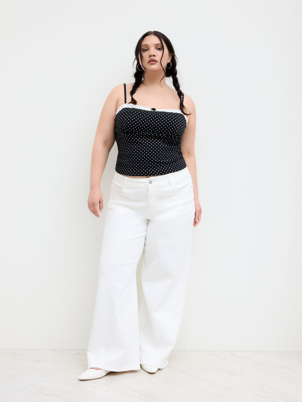 Cotton-blend Polka Dot Broderie Anglaise Trim Rose Cami Top Curve & Plus
