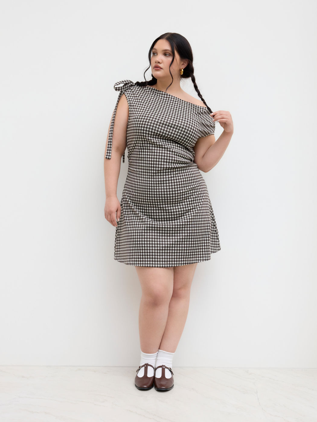 Asymmetrical Neck Gingham Knotted Ruched Mini Dress Curve & Plus