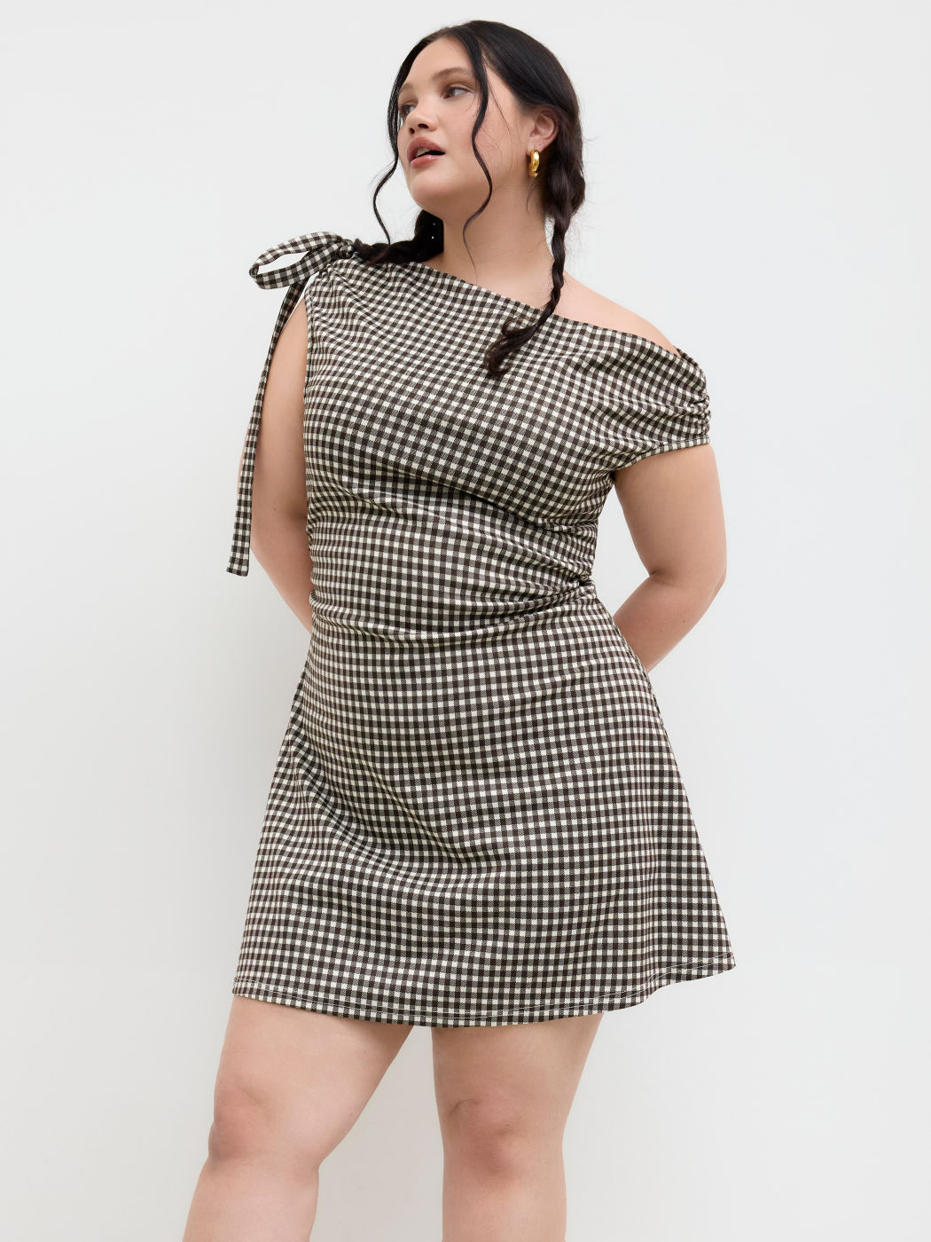 Asymmetrical Neck Gingham Knotted Ruched Mini Dress Curve & Plus