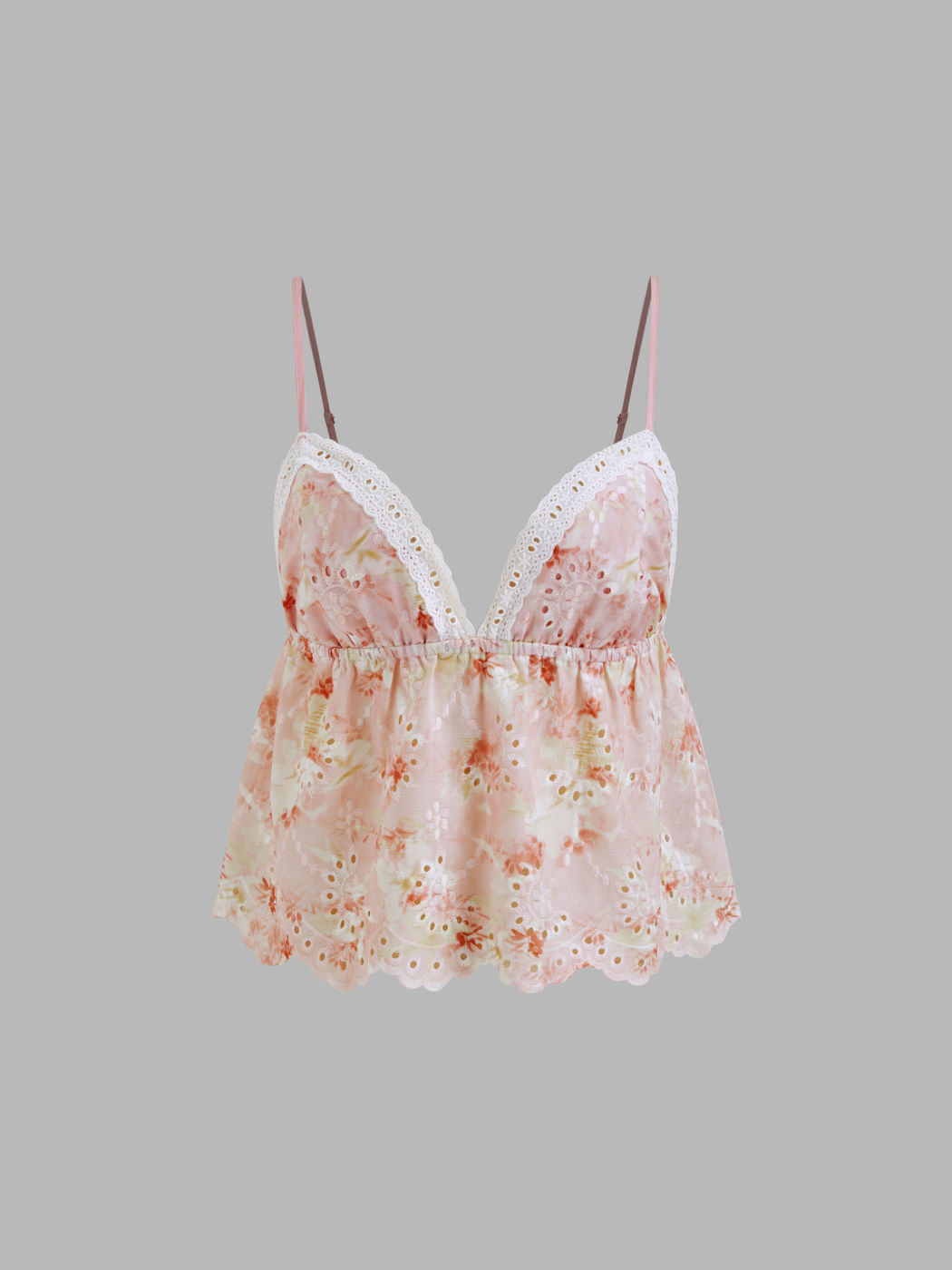 V-neck Broderie Anglaise Floral Contrasting Binding Knotted Cami Top