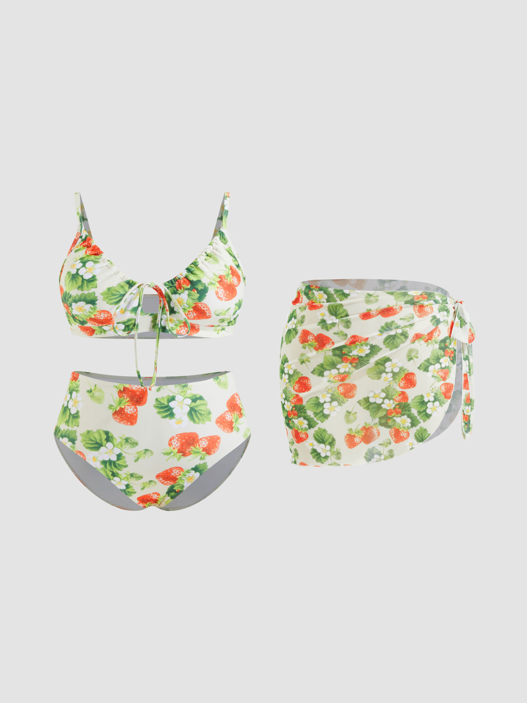 Set bikini a copertura totale con scollo a V, cut-out a fragola, bracciale annodato e pareo Curvy/Plus Size