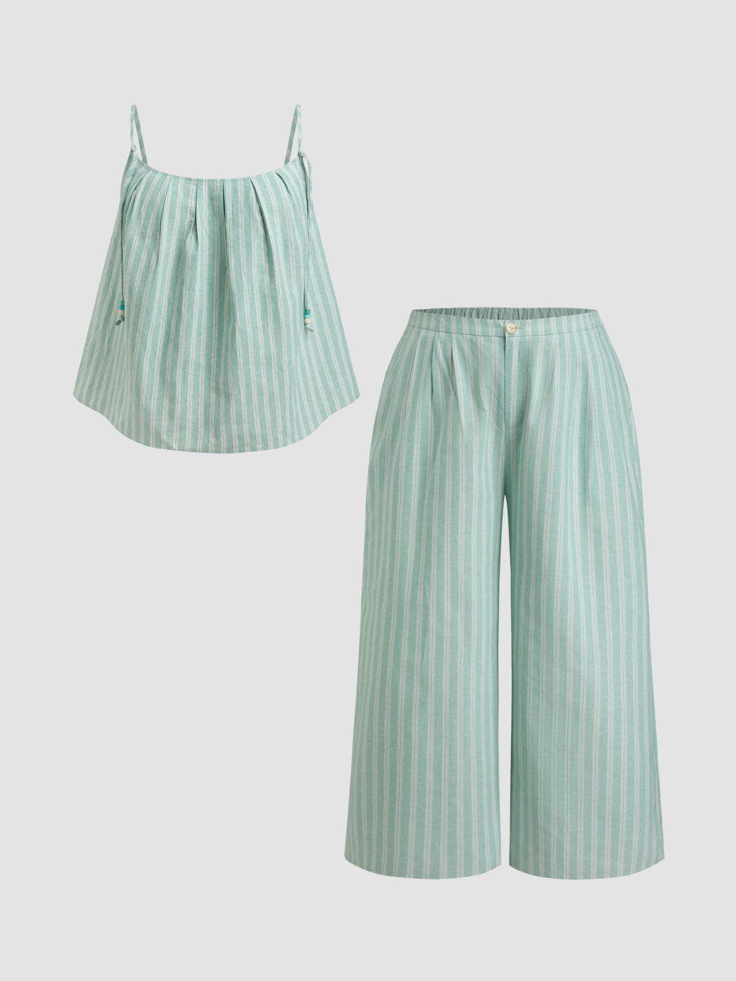 Set Top Cami Plissettato e Perline a Righe in Misto Cotone & Pantaloni a Gamba Larga a Vita Media Taglie Curve & Plus