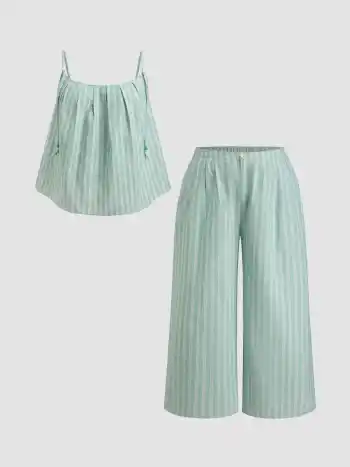Baumwollmischung Streifen Perlen gefaltete Camisole & Mittelhohe Weite Beine Hose Set Kurve & Plus