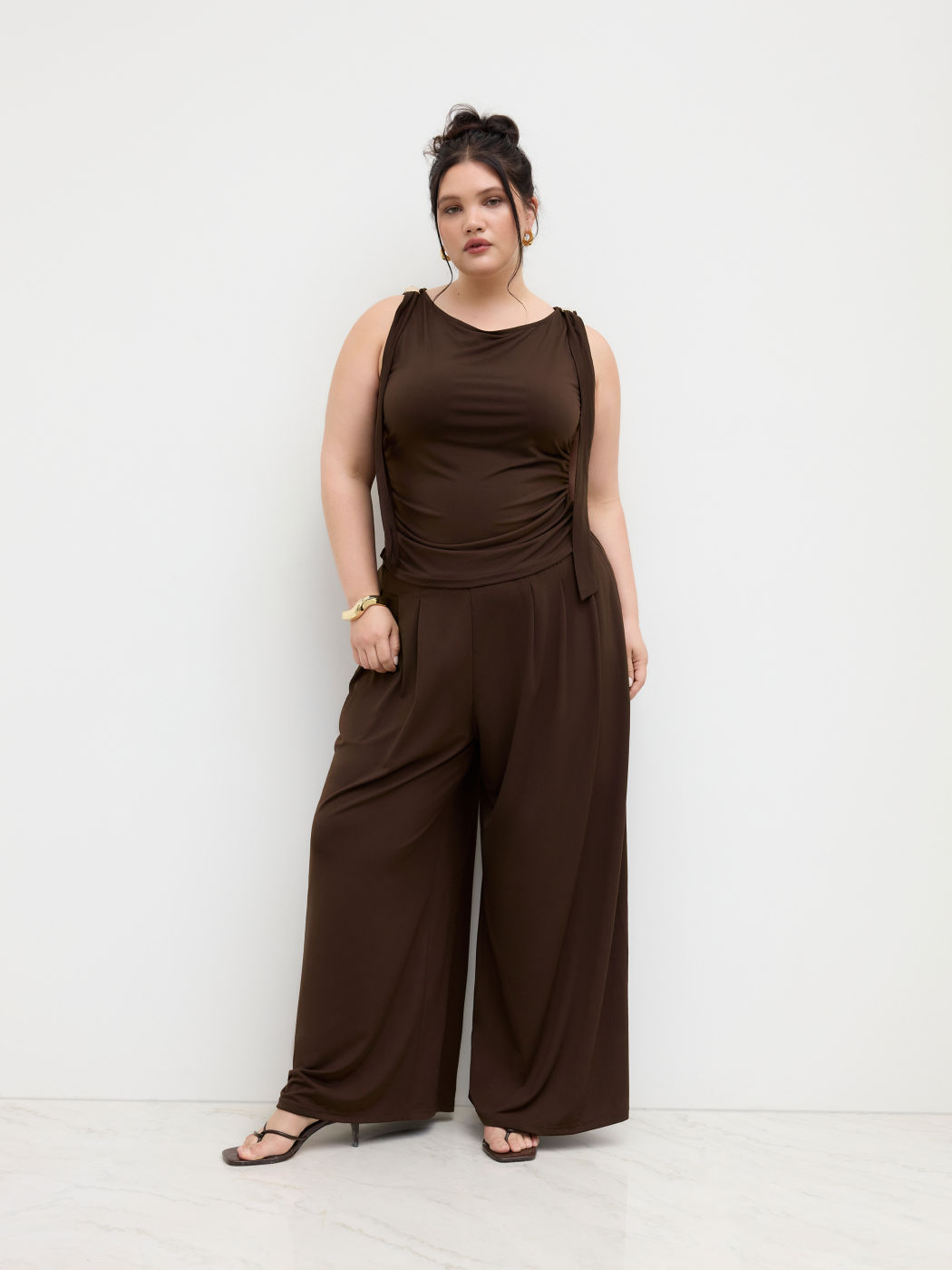 Boat Neck Knotted Ruched Top & Straight Leg Trousers Set Curve & Plus