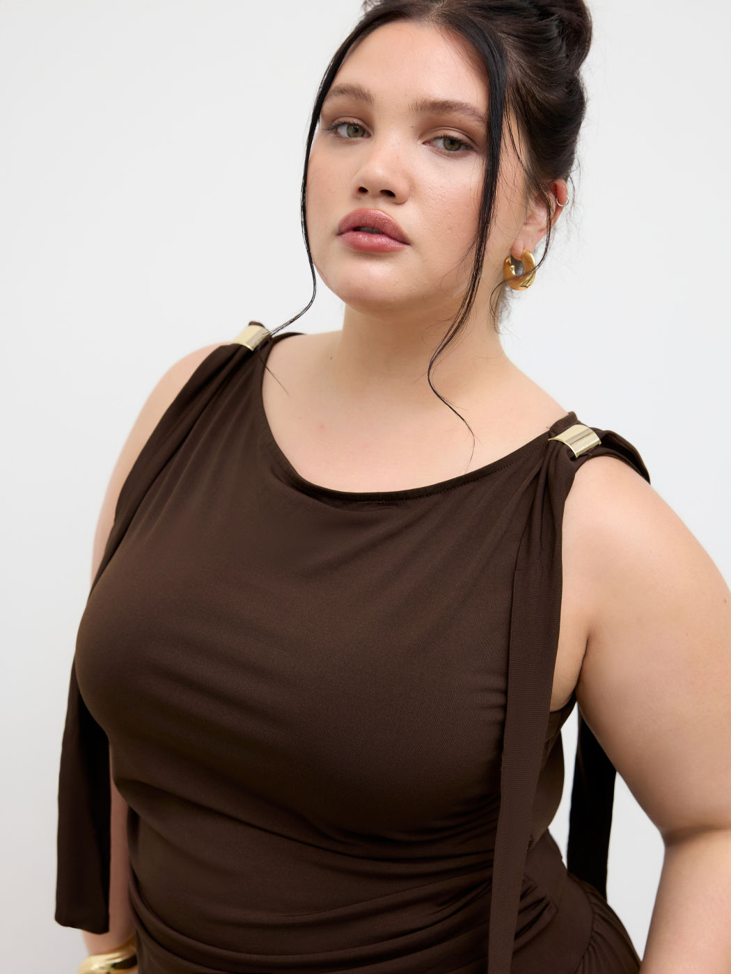 Boat Neck Knotted Ruched Top & Straight Leg Trousers Set Curve & Plus