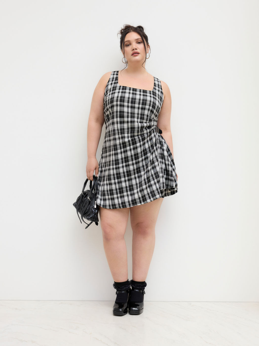 U-neckline Plaid Ruched Belted Mini Dress Curve & Plus