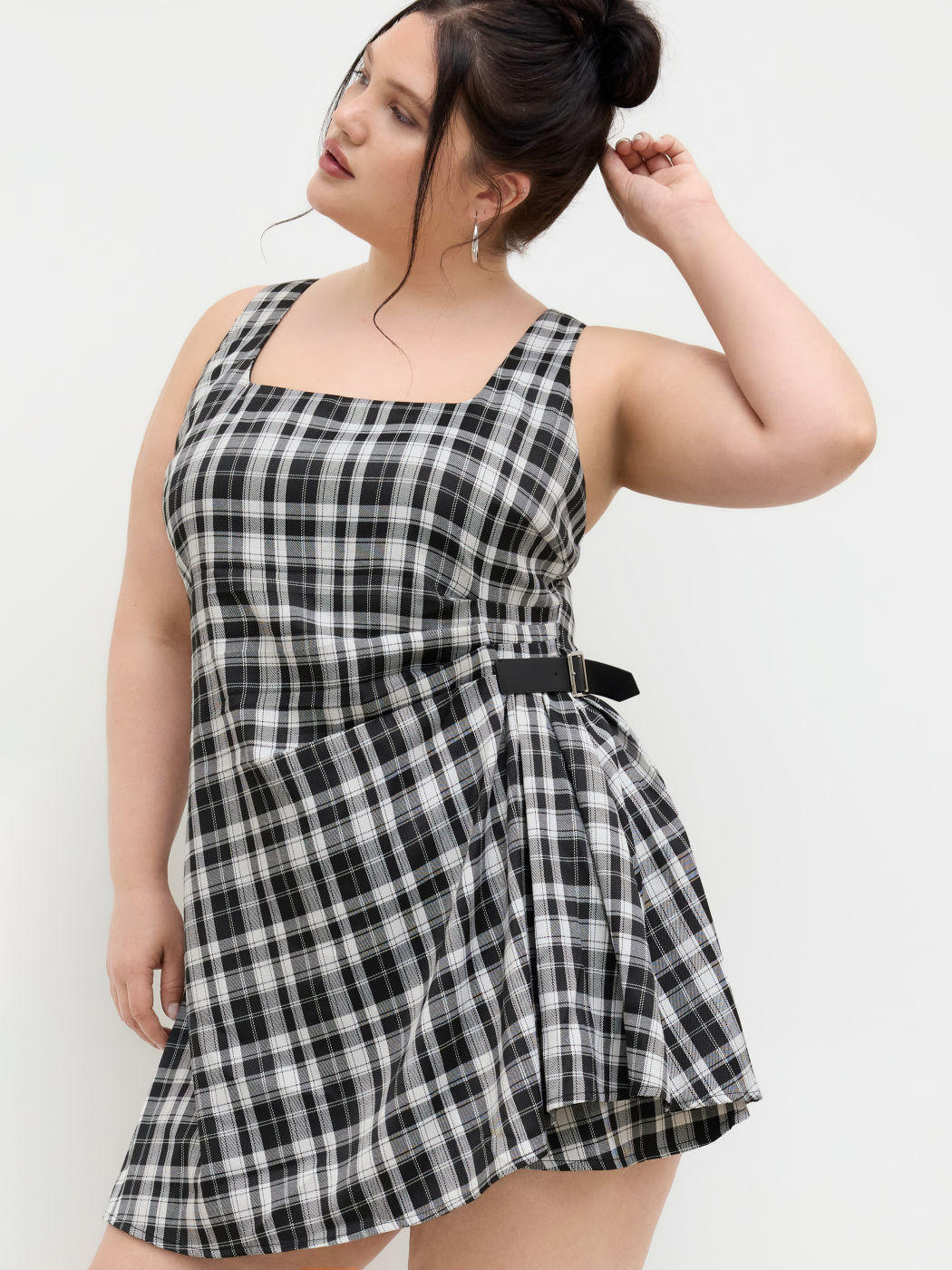 U-neckline Plaid Ruched Belted Mini Dress Curve & Plus