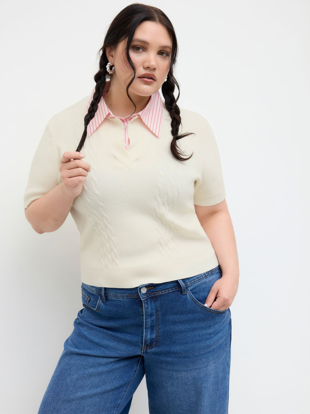 Cable Knit Collar Stripe Two Tone Top Curve & Plus
