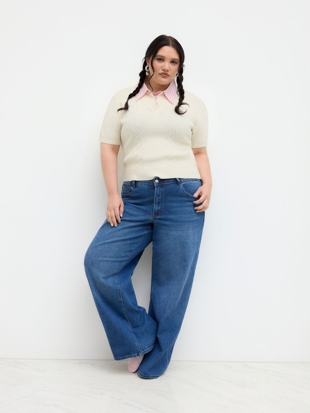 Cable Knit Collar Stripe Two Tone Top Curve & Plus