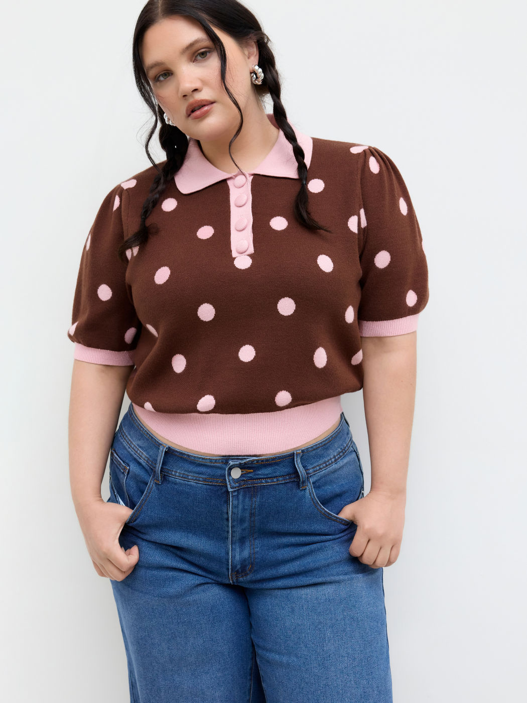 Strick-Peter-Pan-Kragen-Polka-Dot-Puff-Sleeve-Oberteil Kurve & Plus