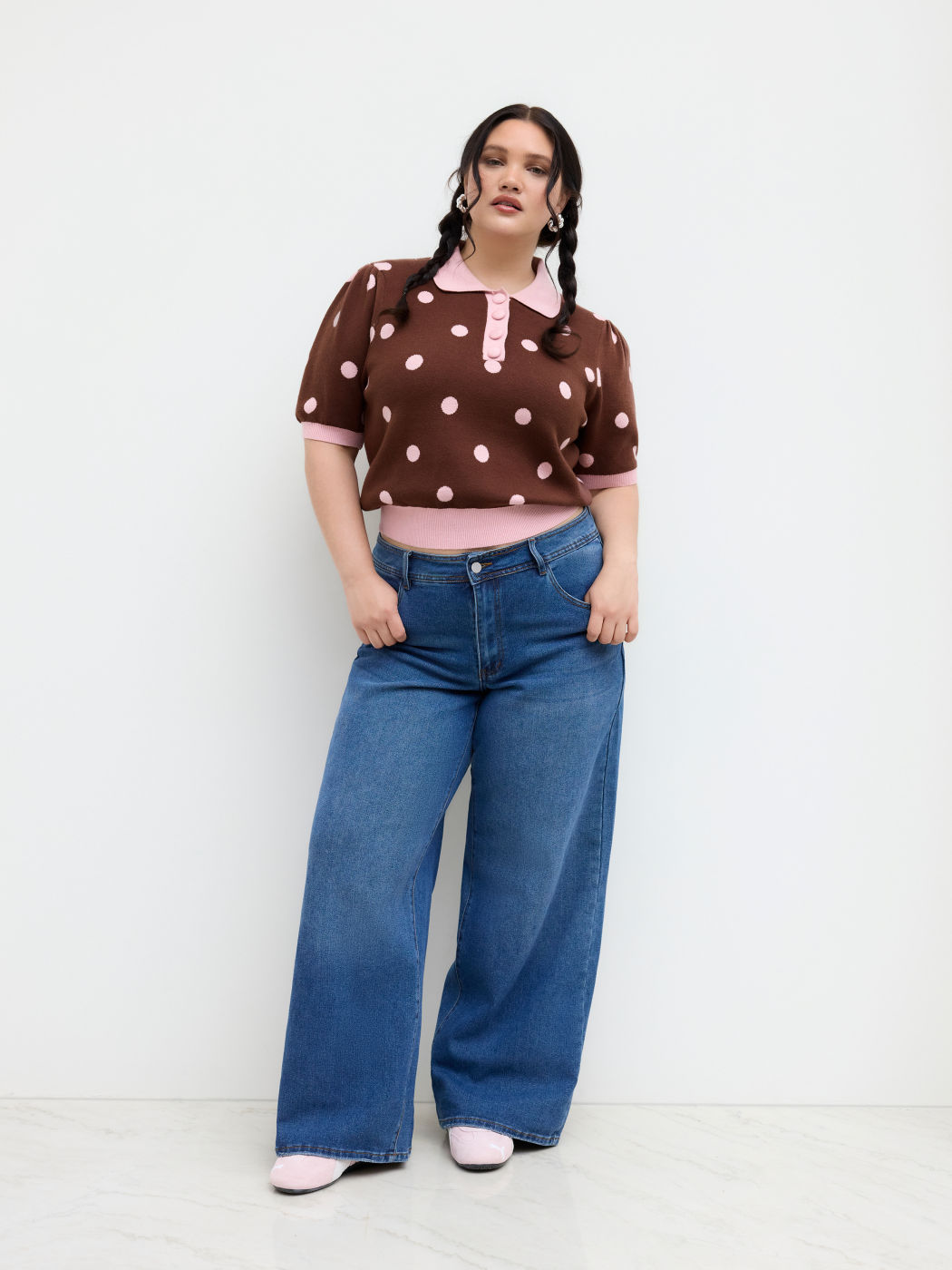 Strick-Peter-Pan-Kragen-Polka-Dot-Puff-Sleeve-Oberteil Kurve & Plus