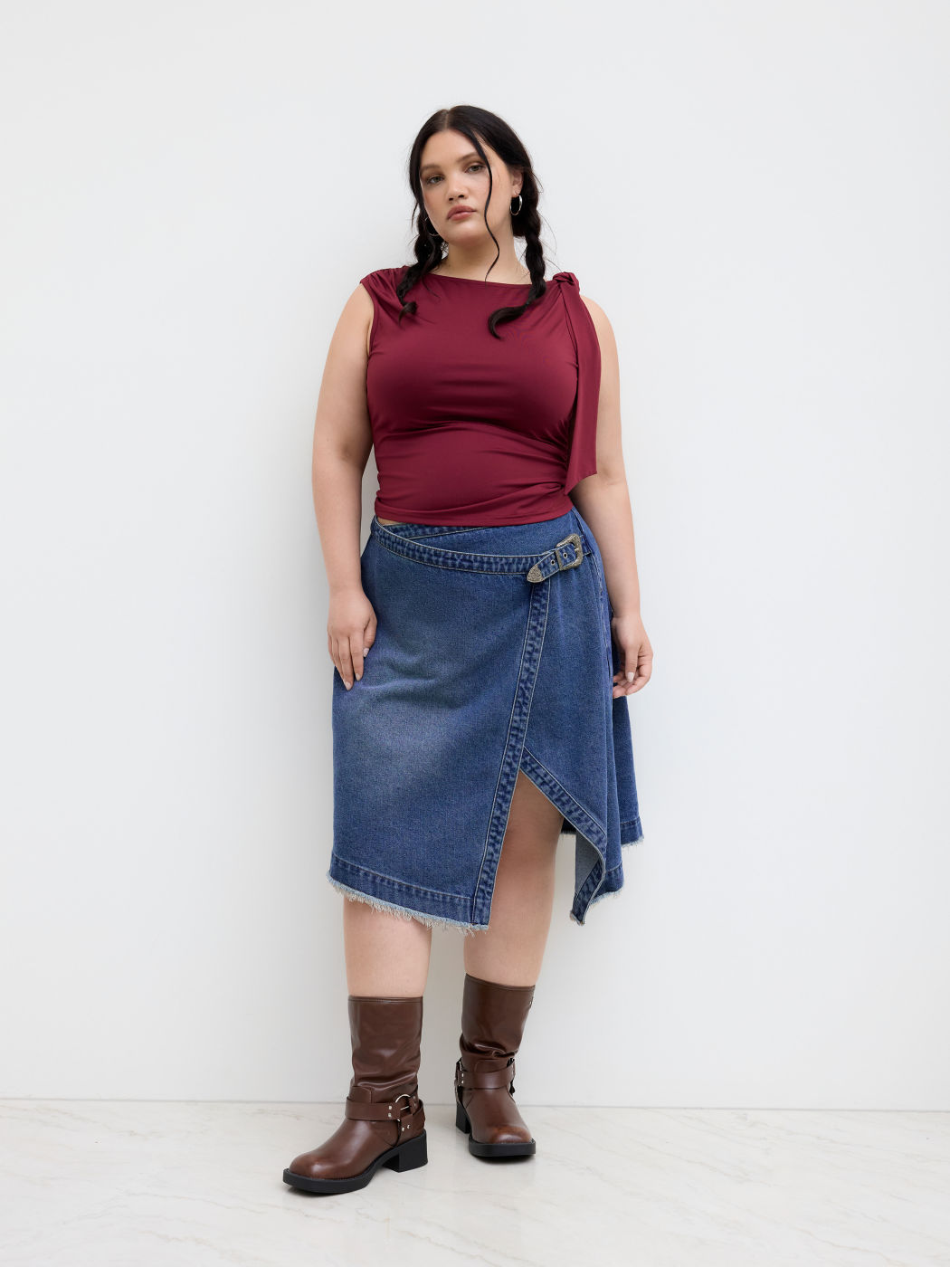 Denim Mid Rise Raw Hem Asymmetrical Belted Midi Skirt Curve & Plus