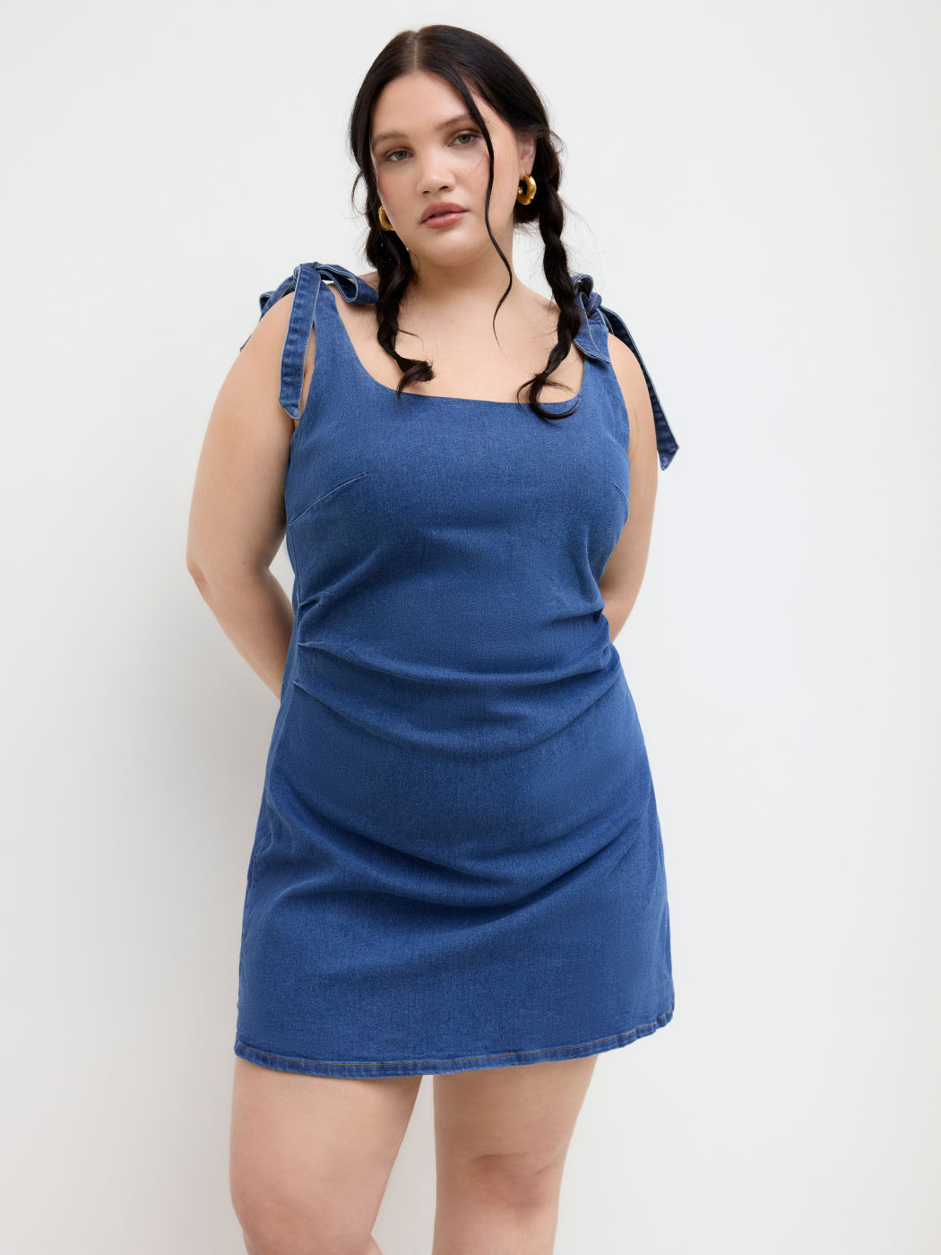 High Stretch Denim Bowknot Ruched Mini Dress Curve & Plus