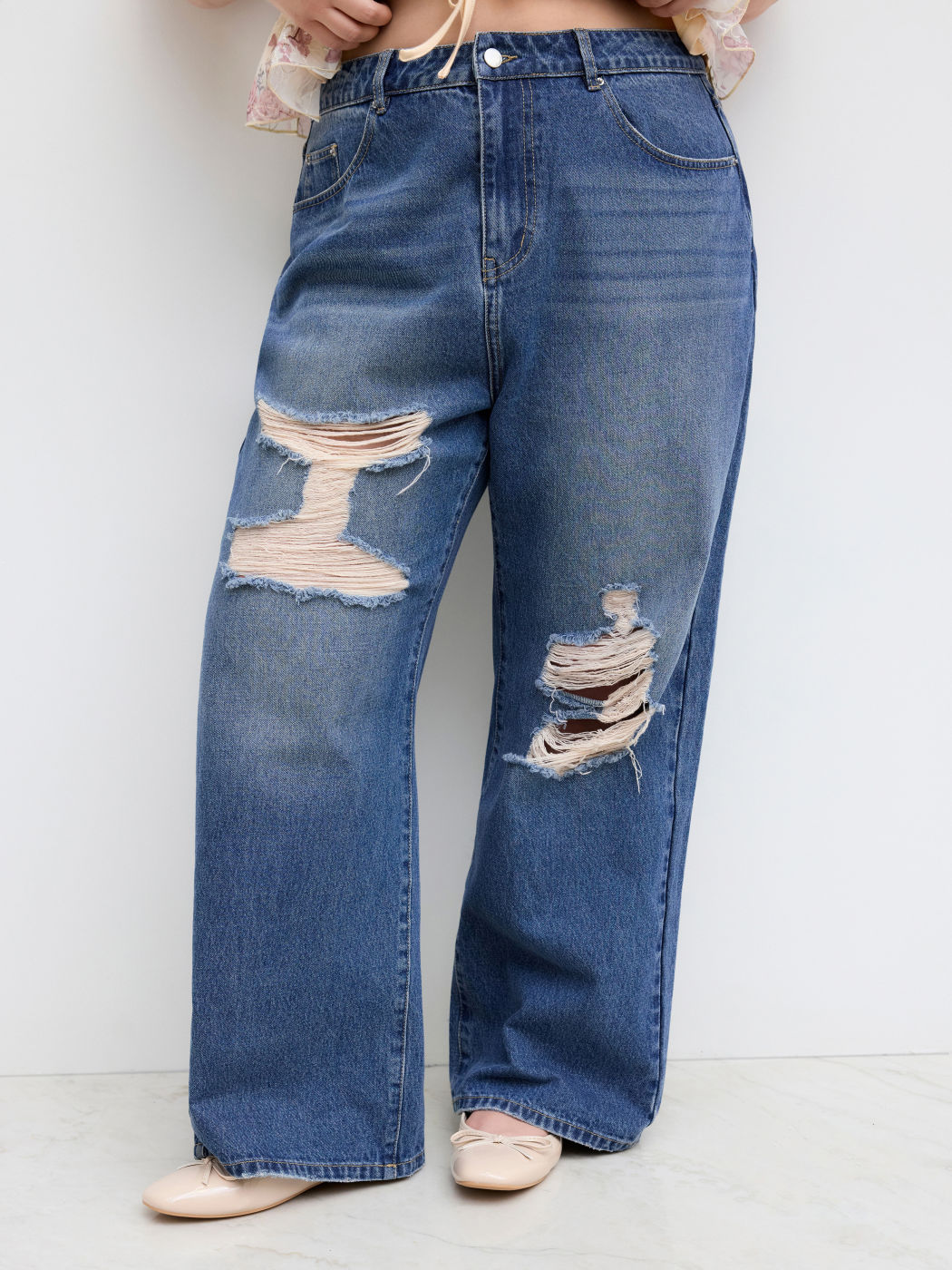 Cider Denim Mid Rise Ripped Wide Leg Jeans Curve & Plus