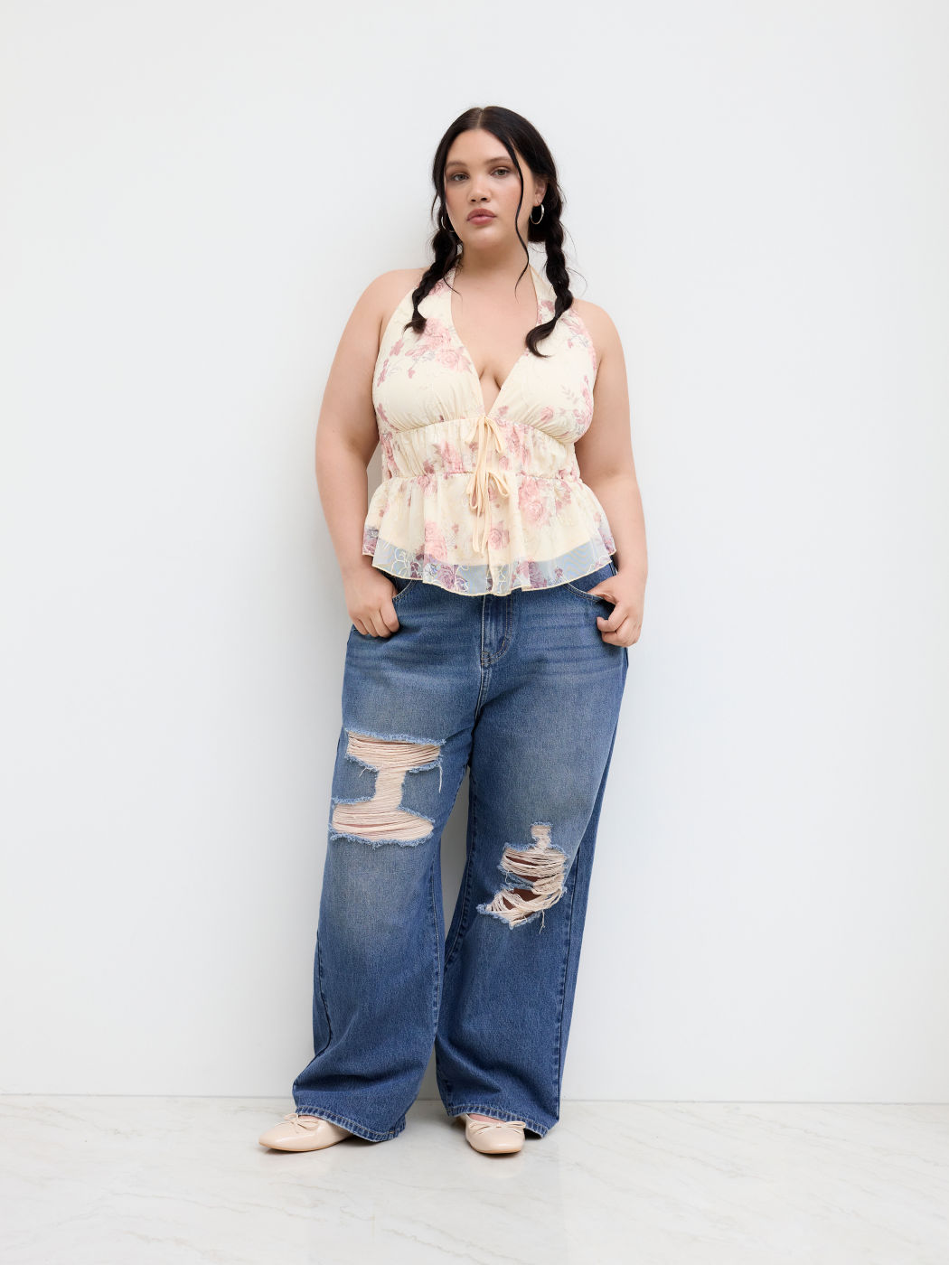 Cider Denim Mid Rise Ripped Wide Leg Jeans Curve & Plus