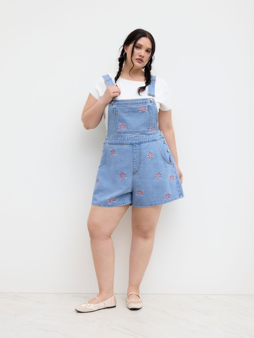 Denim Bowknot Embroidery Romper Curve & Plus