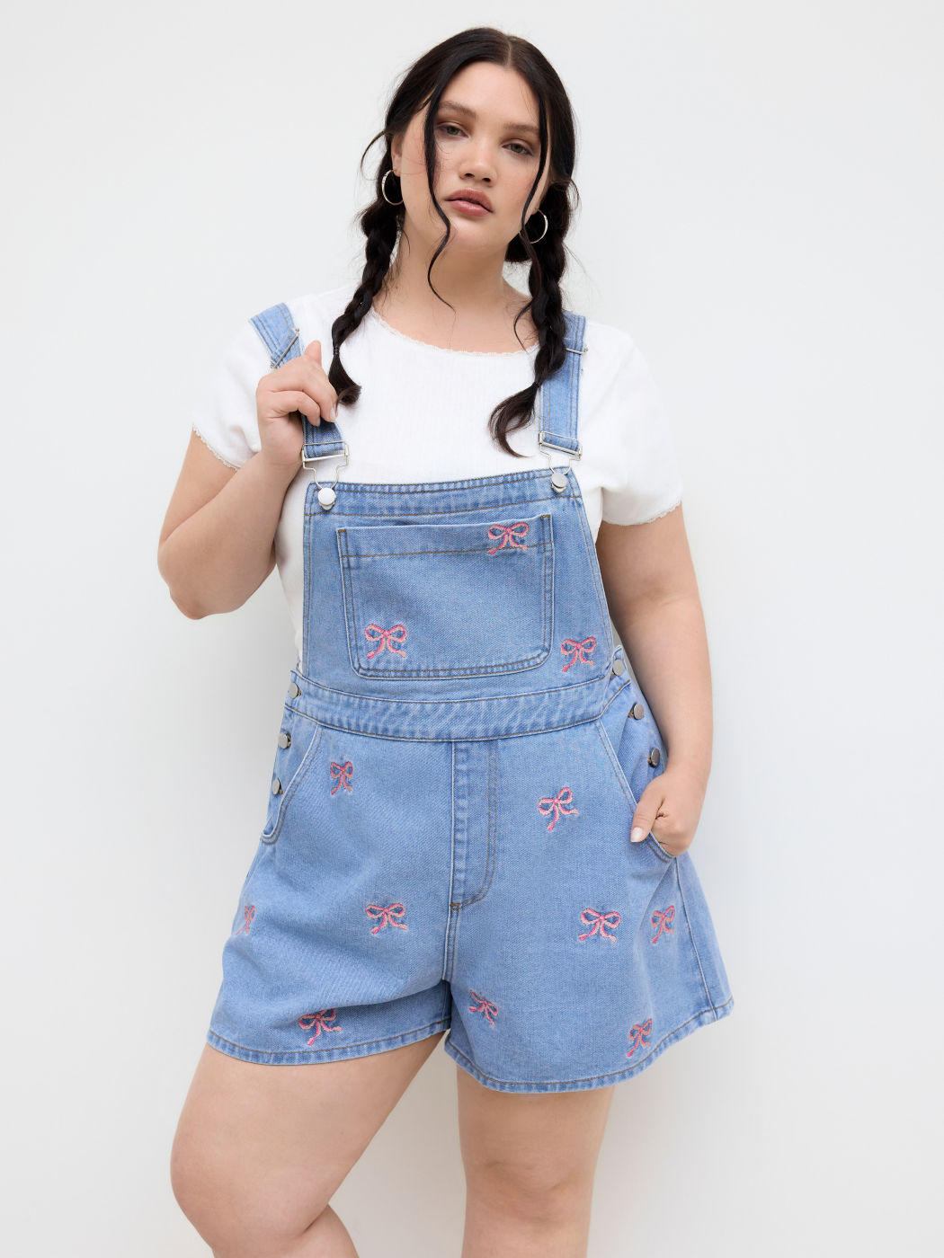 Denim Bowknot Embroidery Romper Curve & Plus