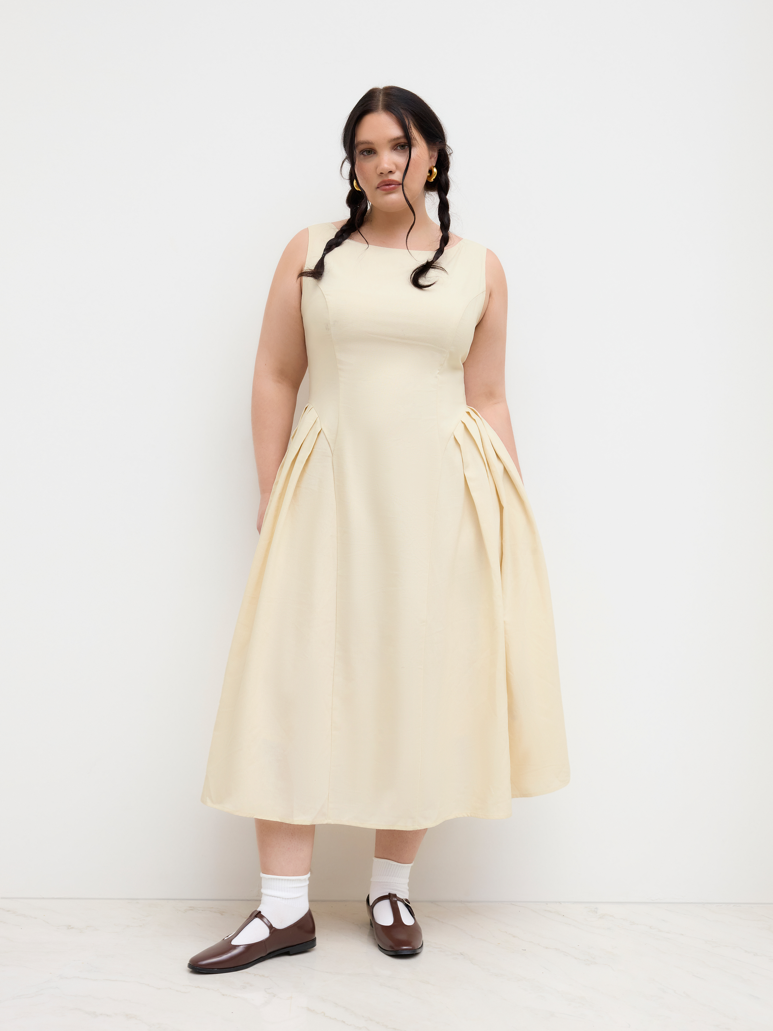 Woven Linen-blend Boat Neck Backless Ruffle Hem Midi Dress Curve & Plus For Date