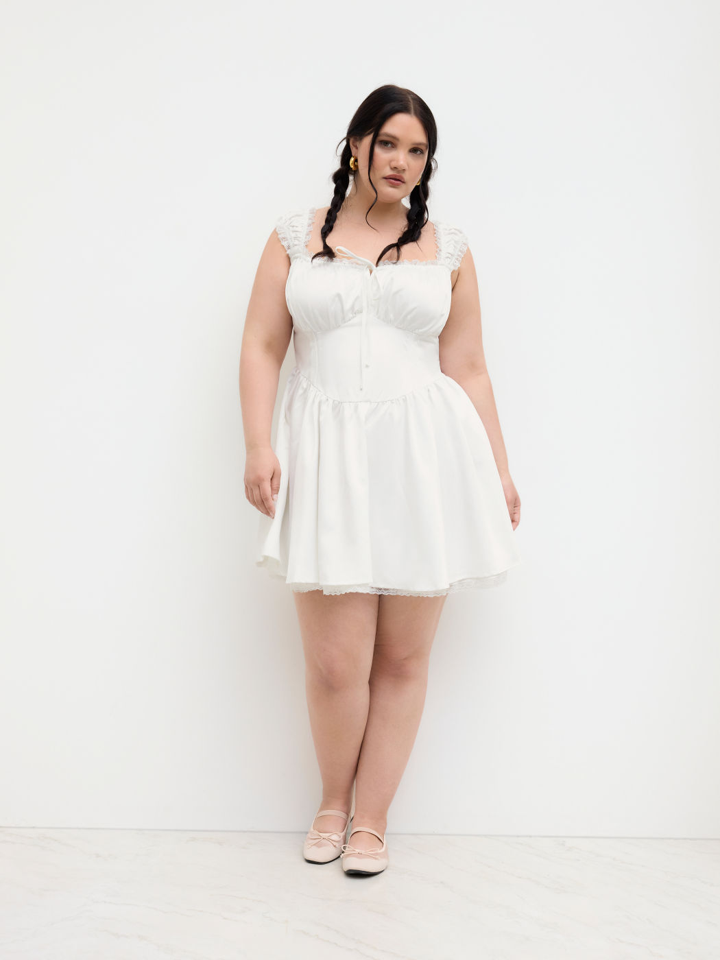 Satin Square Neck Lettuce Trim Ruffle Hem Knotted Mini Dress Curve & Plus