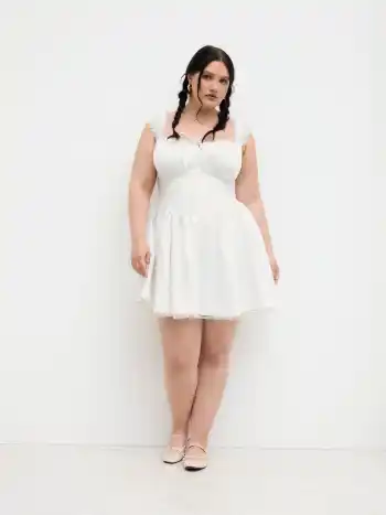Satin Mini-Kleid mit quadratischem Halsrand, Salatrand, Rüschensaum und Knoten Kurve & Plus