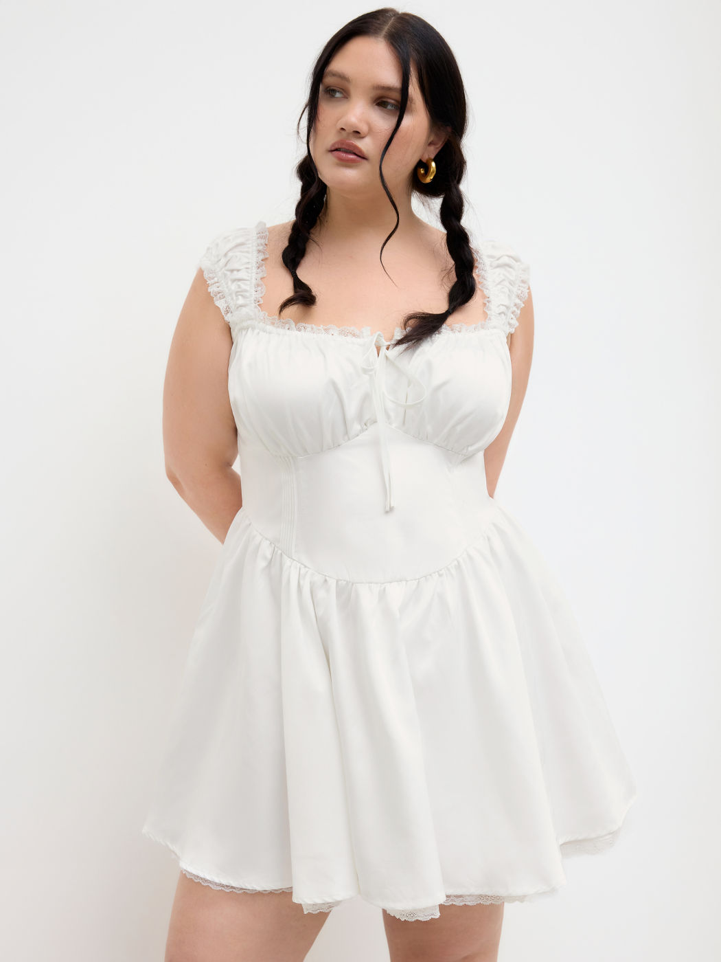 Satin Square Neck Lettuce Trim Ruffle Hem Knotted Mini Dress Curve & Plus