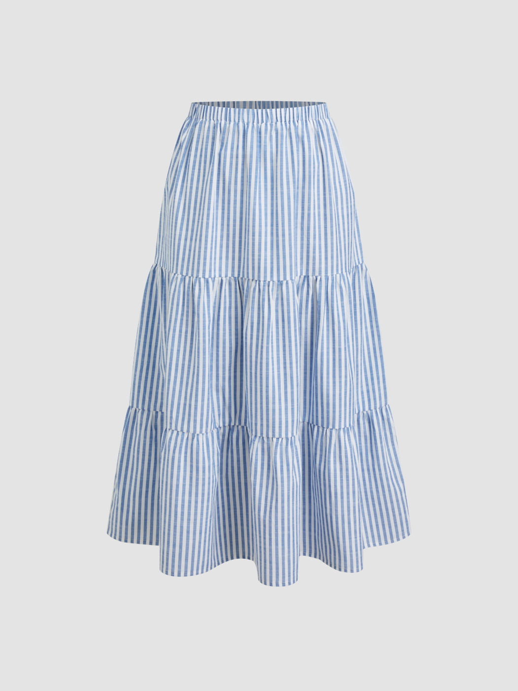 Cotton-blend Mid Rise Elastic Waist Stripe Ruffle Tiered Maxi Skirt